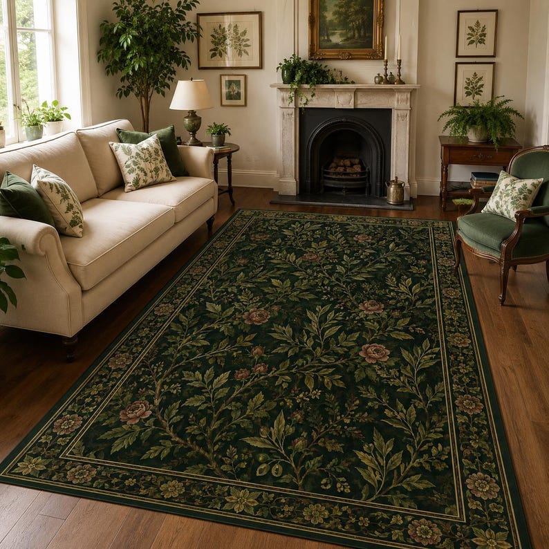 Classic Rug Pattern Background Dark Green Rose Vine Rug, Vintage Botanical Floral Area Rug, English ...
