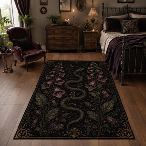 Botanical Snake Rug, Vintage Serpent Specimen with Leaves & Bellflowers, Dark Academia Rectangle Area Rug