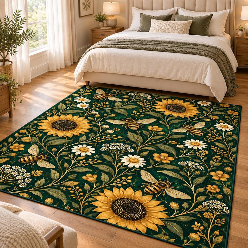Bee Pattern Rug Green Sunflower Bee Rug, Botanical Floral Area Rug, Honey Bee Daisy ...