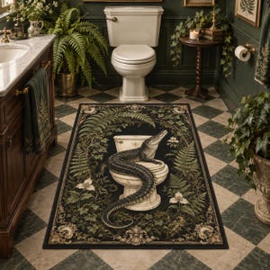 May include: A rectangular bathroom rug featuring a black background with a central illustration of an alligator perched on a white toilet. The design is surrounded by detailed green fern leaves, white flowers, and ornate scrollwork borders.