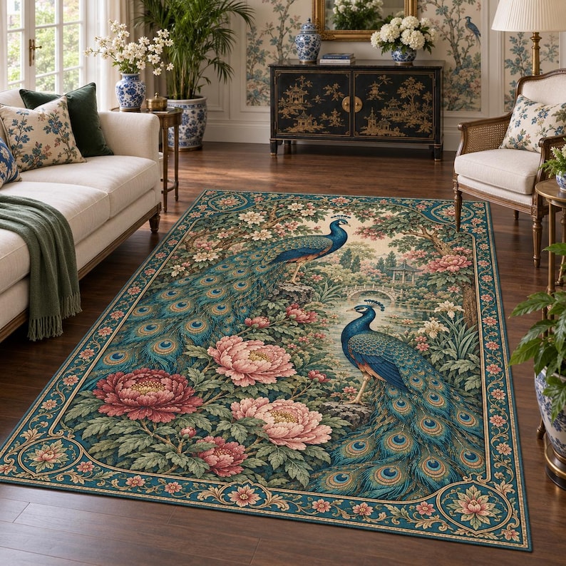 Pond Rug Design Peacock Peony Pond Rug, Teal Botanical Rectangle Rug, Vintage Floral ...