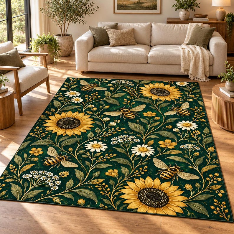 Bee Pattern Rug Green Sunflower Bee Rug, Botanical Floral Area Rug, Honey Bee Daisy ...