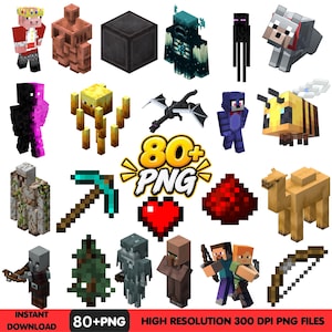 Puede incluir: Una colección de más de 80 archivos gráficos PNG con temática de Minecraft que incluyen varios personajes, criaturas, objetos y bloques. El texto central dice 80+ PNG, con texto adicional en la parte inferior: INSTANT DOWNLOAD 80+ PNG HIGH RESOLUTION 300 DPI PNG FILES.