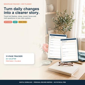 Może przedstawiać: 31-stronicowy tracker menopauzy i planer wizyt w formie cyfrowej. Zawiera sekcje do śledzenia uderzeń gorąca, snu, nastroju i koncentracji. Formaty A4 i US Letter, do druku i wypełniania. Tekst: Menopause Tracker + Visit Planner, Turn daily changes into a clearer story, Hot Flashes, Sleep, Mood + Focus, 31-Page Tracker, A4 + US Letter, Printable + Fillable, Digital Download, Personal Record Keeping, No Physical Item.