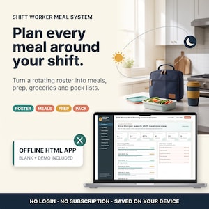 Könnte beinhalten: Ein digitales Mahlzeitenplanungssystem für Schichtarbeiter mit Laptop-Dashboard, einer marineblauen Lunchtasche und einem Lebensmittelbehälter. Text: SHIFT WORKER MEAL SYSTEM, Plan every meal around your shift, ROSTER, MEALS, PREP, PACK, OFFLINE HTML APP, BLANK + DEMO INCLUDED, NO LOGIN, NO SUBSCRIPTION, SAVED ON YOUR DEVICE.