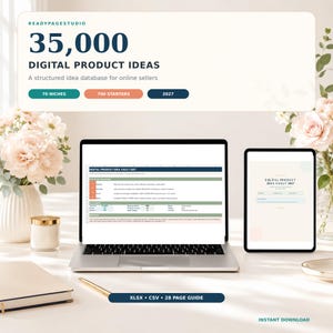 Puede incluir: Una base de datos de productos digitales titulada 35,000 DIGITAL PRODUCT IDEAS mostrada en una pantalla de portátil y tableta. La interfaz incluye etiquetas para 70 nichos, 700 starters, el año 2027, además de texto indicando XLSX, CSV y una guía de 28 páginas.