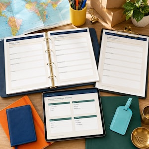 Può includere: Un raccoglitore a tre anelli con pagine Move Overview e Visa and Permit Tracker, una cartellina con un foglio Expense Tracker e un tablet che mostra un modulo Control Packing and Shipping. Include un taccuino blu e un'etichetta per bagagli azzurra.