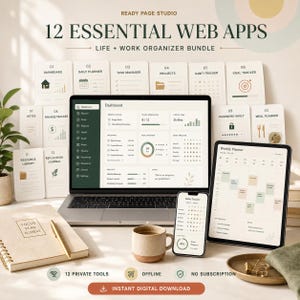 Könnte beinhalten: Ein digitales Organisations-Set mit Laptop, Tablet und Smartphone, die ein Dashboard, einen Wochenplaner und einen Gewohnheits-Tracker anzeigen. Zwölf beschriftete Karten, ein Notizbuch und eine Keramiktasse sind ebenfalls abgebildet.