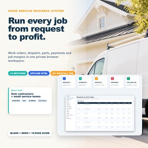 May include: A digital home service business system featuring the text Run every job from request to profit. It includes a dashboard interface for work orders, dispatch, parts, and payments, designed for solo contractors and small service teams.