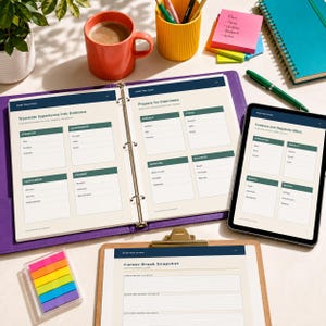 Puede incluir: Una carpeta morada que contiene páginas de planificación profesional con secciones tituladas Translate Experience into Evidence y Prepare for Interviews, junto a una tableta con Compare and Negotiate Offers, un portapapeles, una taza coral y papelería.