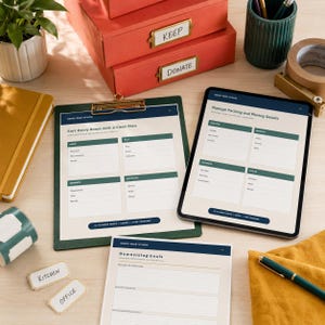 Op de afbeelding: Een digitale en papieren verhuisplanner set met een klembord met een Sort Every Room formulier, een tablet met Manage Packing and Moving Details en een Downsizing Goals blad. Inclusief rode opbergdozen met labels Keep en Donate.