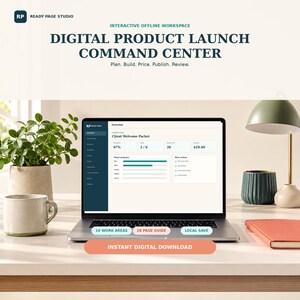 May include: A laptop screen displays a digital product launch command center interface with a client welcome packet overview. The screen shows progress bars, task lists, and metrics. Below the screen are three buttons labeled 10 Work Areas, 28 Page Guide, and Local Save, with an orange button below stating Instant Digital Download.