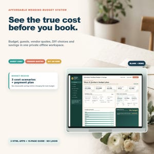 May include: A digital wedding budget system displayed on a laptop screen, featuring the text Affordable Wedding Budget System, See the true cost before you book, and Budget Rescue with 3 cost scenarios and payment plan, plus 2 HTML apps and 18-page guide.