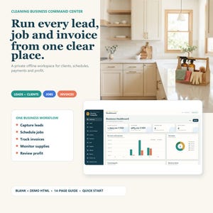 May include: A digital business management dashboard for cleaning services featuring a dark sidebar, white data panels, revenue charts, and job status graphs. The interface displays text including Cleaning Business Command Center, One Business Workflow, and various metrics in USD. The layout includes a kitchen background image and a list of workflow steps.