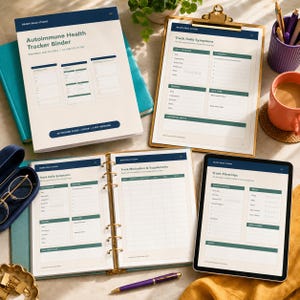 Puede incluir: Un conjunto de carpeta de seguimiento de salud autoinmune con páginas imprimibles para registrar síntomas diarios, medicamentos, suplementos y brotes. Incluye una hoja de portada, un portapapeles con rastreador de síntomas y una tableta.
