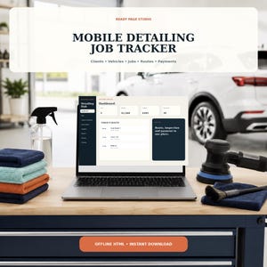 May include: A laptop displaying a Mobile Detailing Job Tracker software interface with a dashboard, route list, and navigation menu. The screen shows text including Detail Hub, Dashboard, Today's Route, and Route, inspection and payment in one place.