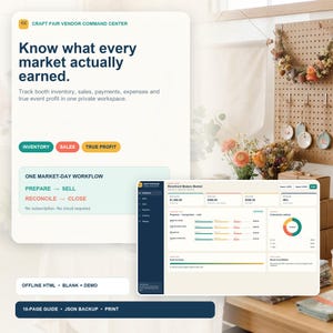 May include: A digital dashboard interface titled Craft Fair Vendor Command Center. It displays text about tracking inventory, sales, and profit. A secondary window shows a detailed financial report for Riverfront Makers Market with charts and data tables.