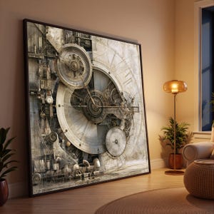 Può includere: Una grande opera d'arte murale rettangolare che presenta un complesso design di orologio meccanico monocromatico. L'immagine mostra ingranaggi, ruote dentate e componenti metallici dettagliati in tonalità di grigio, beige e bianco.