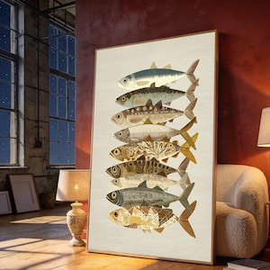 May include: A vertical rectangular wall art print featuring a stack of eight stylized fish arranged in a column. Each fish displays a unique pattern, including geometric shapes, intricate lines, and varied shades of beige, brown, and blue.