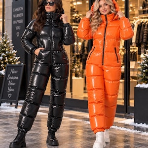 Glänsande täcksnöoverall för kvinnor, vinterjacka och byxor med huva, glänsande quiltad skidoverall, varm snöoverall