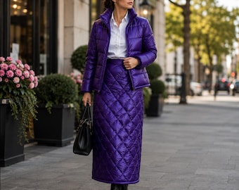 Purple Quilted Puffer Jacket & Skirt Set, Women’s Winter Two Piece