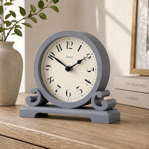 May include: A round gray mantel clock with a cream-colored face, black Arabic numerals, and black hands. The word Jones is printed in black on the clock face. The clock features a circular frame supported by a rectangular base with scroll accents.