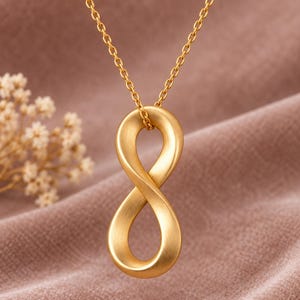 Puede incluir: Un collar de tono dorado con un colgante en forma de símbolo de infinito vertical con un acabado mate cepillado. El colgante cuelga de una delicada cadena a juego, creando un diseño de bucle continuo y sencillo que cuelga verticalmente.