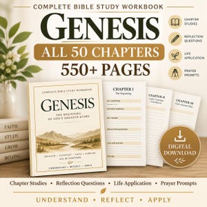 May include: A complete Bible study workbook titled Genesis, featuring 50 chapters and 550+ pages. The cover displays a landscape illustration, while interior pages show structured sections for key scripture, summaries, themes, reflection, and prayer.