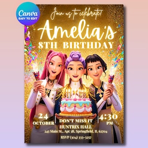 Könnte beinhalten: Eine digitale Geburtstagseinladung mit drei animierten Figuren, die Party-Popper hinter einer brennenden Torte halten. Der goldene Glitzerhintergrund zeigt den Text: Join us to celebrate! Amelia's 8th Birthday, 24 October, 4:30 PM, Huntrix Hall, 245 Main St., Apt 3B, Springfield, IL, 62704, RSVP (304) 333-3257.