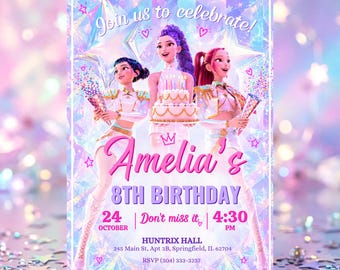 Op de afbeelding: Een rechthoekige verjaardagsuitnodiging met drie geanimeerde figuren in witte outfits, waarvan er één een taart vasthoudt. De tekst bevat Join us to celebrate, Amelia's 8th Birthday, 24 October, 4:30 PM, Huntrix Hall, 245 Main St, Springfield, IL 62704 en RSVP (304) 333-3257.