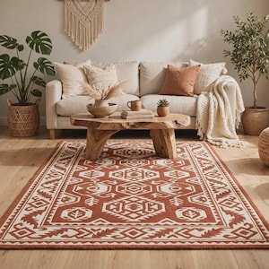 Rust Red and Cream Persian Style Rug, Vintage Oriental Area Rug, Traditional Tribal Carpet
