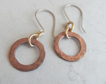 Mixed Metals Copper Washer Earrings Forged Copper Gold and Sterling Silver