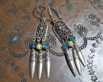 Blue Quartz and Czech Seed Beads Antiqued Silver Dangle Earrings Three Fishes Sterling Silver Wires