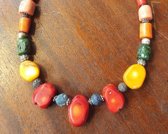 Artisan Large Multi Colored Coral and Heavy Sterling Chain Single Strand Necklace with Toggle Closure 18" long