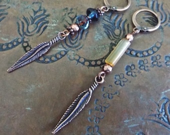 SINGLE Earring Feather with Yellow Agate or Blue Czech Glass Copper Mens Jewelry YOU Choose