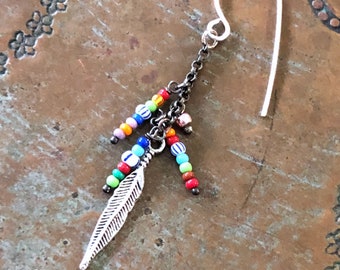 Single Earring Unisex Mens Jewelry Silver Feather Dangle trade seed beads 2.75&quot; long Sterling ear wire