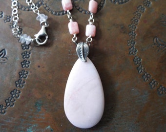 Peruvian Pink Opal and Rose Quartz Sterling Silver Necklace