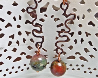 Earrings Copper and Indian Agate Squiggly Dangles