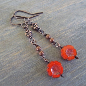 Copper Dangle Earrings Bright Orange Floral Czech Glass dangles