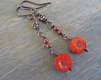 Copper Dangle Earrings Bright Orange Floral Czech Glass dangles