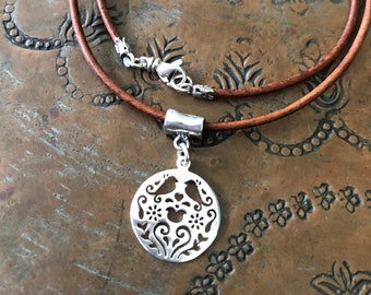 Sterling Silver Love Birds Pendant Necklace on Brown Leather Cord