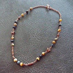Multi Color Coated Tiger Eye Gemstone and Copper Necklace Unisex Toggle Closure 20&quot; Long