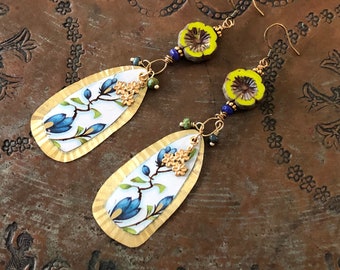 Boho Vintage Tin Artisan Brass and Czech Glass Flower Earrings 3.75" Long and Lightweight