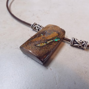 Large Boulder Opal on Leather and Sterling Silver Unisex Necklace Lots of Shimmer in This Stone 18&quot; long Stone is 1-1/16&quot; long and .75&quot; Wide