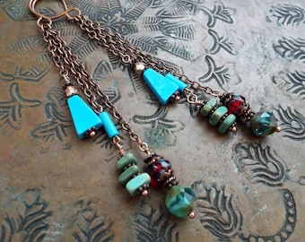 Earrings Antiqued Copper Czech Glass and Magnesite Turquoise Gemstone Chain Drops
