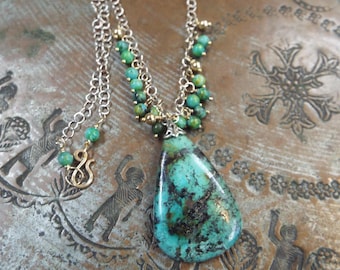 Chrysocolla Peruvian Turquoise Necklace: Sterling Silver & 14K Gold Filled Pendant