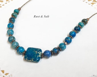 Aqua Terra Sea Sediment Jasper Boho Unisex Necklace on Waxed Thread Copper Closure 19.5" long Hippie Necklace
