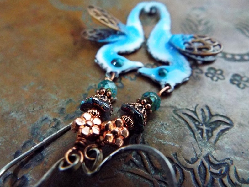 Seahorse Boho Artisan Earrings Enameled Copper and Czech Glass Dangles Sterling Silver Ear Wires