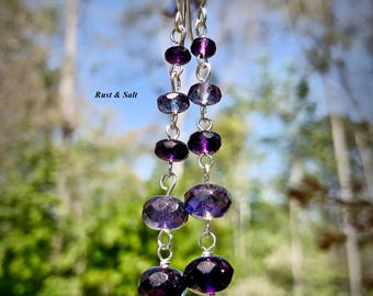 Premium Czech Glass Earrings Artisan Tanzanite Purples and Sterling Silver Rustic Earrings Grape Drops 2.5" Long