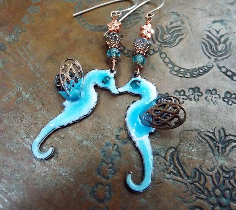 Seahorse Boho Artisan Earrings Enameled Copper and Czech Glass Dangles Sterling Silver Ear Wires